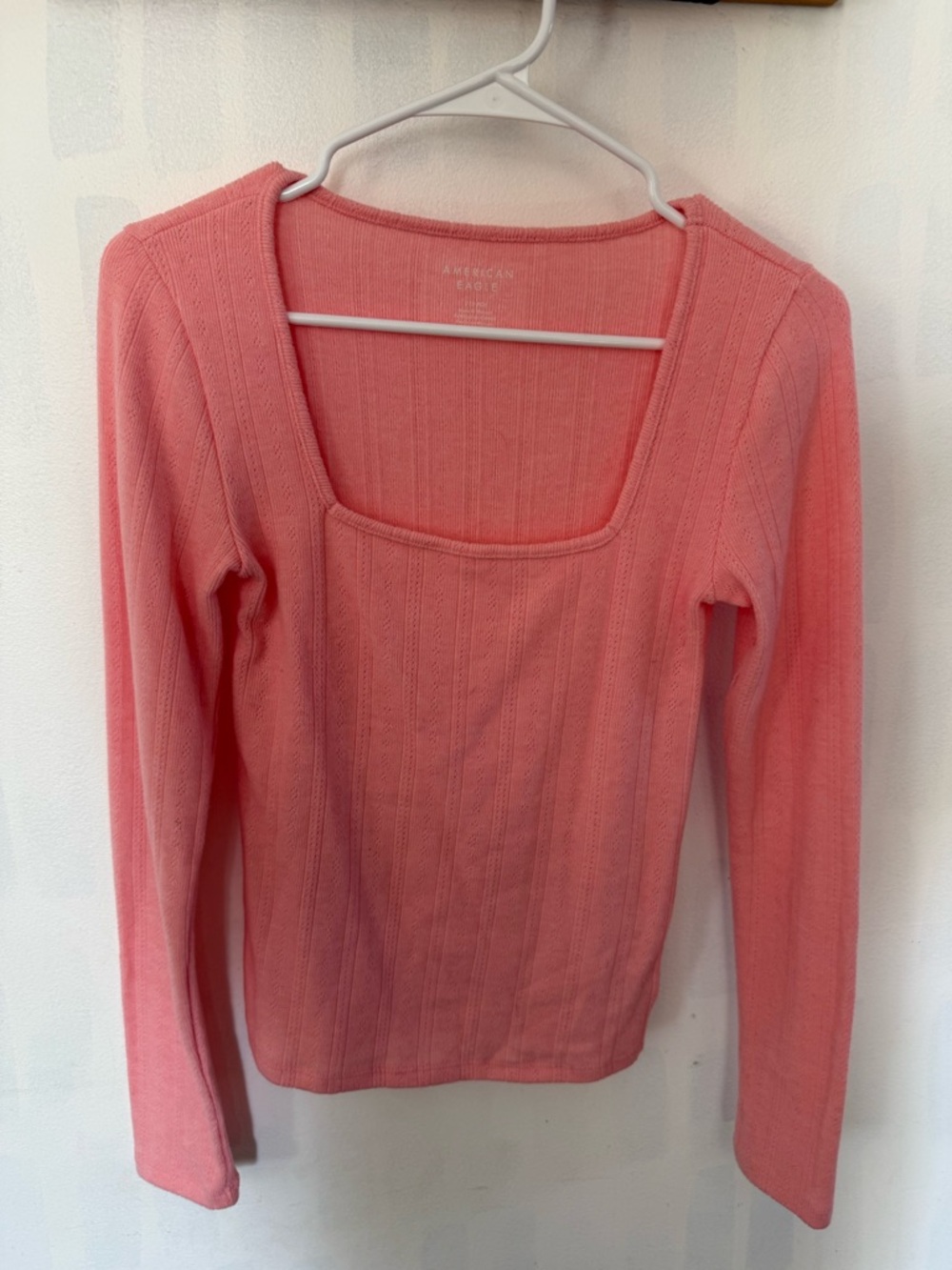 American Eagle Outfitters Coral Pink Ribbed Square Neck Long Sleeve Top